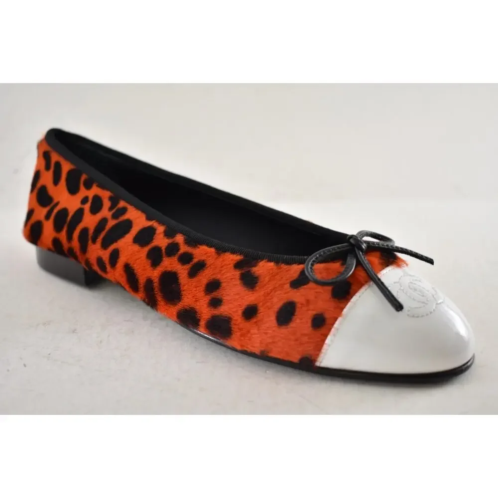 Chanel 26A Orange Leopard Pony Fur Black White CC Logo Ballet Ballerina Flat 39